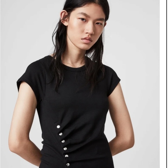 New AllSaints hatti jersey t-shirt dress with side popper detail in black size 0 - Picture 3 of 10